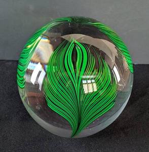 lot 397 image: MB - Large Handblown Art Glass Green Feather Paperweight