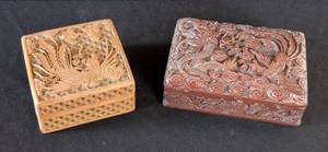 lot 415 image: MB - Pair of Chinese Carved Wood Trinket Boxes - Phoenix & Dragon Motif (Lot of 2)