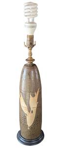 lot 510 image: MB - Vintage Stoneware Table Lamp 23 in Tall Leaf Slip - Harp & Shade Missing