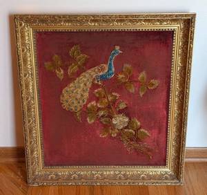 lot 514 image: MB - Vintage Embroidered Peacock in Ornate Gold Frame with Velvet Panel - Framed Wall Art