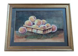 lot 529 image: MB - J. Pete Framed Watercolor Still Life - Peaches in Crate
