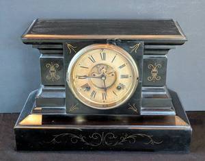 lot 530 image: MB - Antique New Haven Mantel Clock - Black Case with Gold Accents, Roman Dial