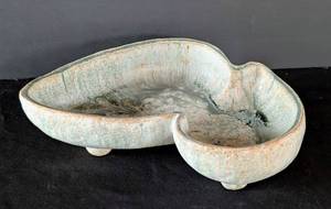 lot 538 image: HW - Footed Kidney-Shaped Glazed Pottery Bowl in Teal Celadon