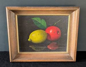 lot 591 image: MB - Unsigned Still Life Painting - Lemons & Apple in Wood Frame