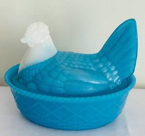 lot 41C image: LR - Vintage Blue Chicken Nest Covered Dish - 2-Piece Set