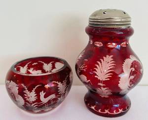 lot 49C image: LR - Antique Bohemian Ruby Red Cut-to-Clear Glass Sugar Shaker & Sugar Bowl Set, 5 in Shaker