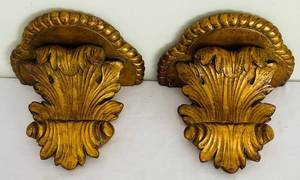 lot 54C image: LR - Pair of Gilded Acanthus Leaf Corbels - Ornate Wooden Wall Brackets