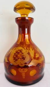 lot 56C image: LR - Antique Bohemian Amber Glass Barber Bottle Cut-To-Clear Decanter