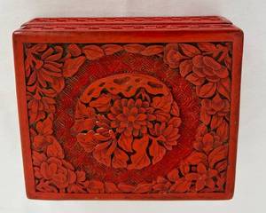 lot 59C image: LR - Vintage Chinese Cinnabar Lacquer Box - Floral Carved Lid
