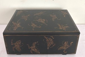 lot 104C image: LR - Black Lacquer Jewelry Box with Butterfly Motifs