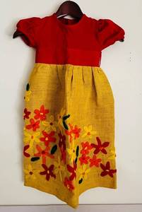 lot 109C image: Hall - Girls Vintage Red Bodice Dress - Yellow Burlap Floral Skirt