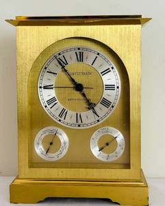 lot 110C image: LR -  Vintage Seth Thomas Quartzmatic Mantel Clock - Gold Tone With Barometer & Thermometer