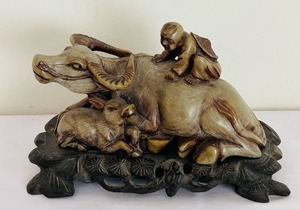 lot 115C image: LR - Vintage Chinese Soapstone Carving - Herd Boy and Water Buffalo