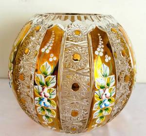 lot 118C image: LR -Vintage Bohemia Queen Lace Lead Crystal Vase - Hand-Painted Floral, Gold Enamel