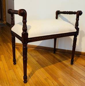 lot 120C image: LR - Armchair - Carved Dark Wood, Cream Upholstery