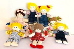 lot 161C image: DR - 12-Inch Fabric Rag Dolls - Handmade Cloth Dolls with Denim & Floral Outfits