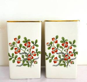 lot 164C image: DR - Pair of White Ceramic Vases - 14 in H, Gold Rim & Red Berry Floral Motif
