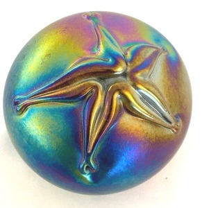 lot 302C image: LR - Iridescent Glass Sphere Paperweight - Rainbow Star Design