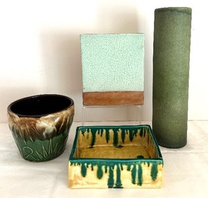 lot 311C image: LR - Ceramic Pottery Set - Tall Green Cylinder Vase, Crackle Mint Box, Drip-Glaze Planter (Lot of 4)