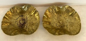 lot 320C image: SC - Lotus Leaf Brass Dishes Pair - Vintage 1940s