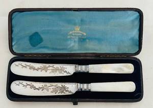 lot 548C image: SC - James Robertson & Son Goldsmiths Two-Piece Mother-of-Pearl Knife Set, Engraved