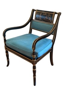 lot 119C image: LR - Black & Gold Hollywood Regency Armchairs by Baker