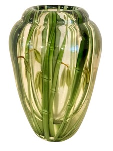 lot 48C image: LR-Artisan Hand-Blown Green Bamboo Design Glass Vase, Signed
