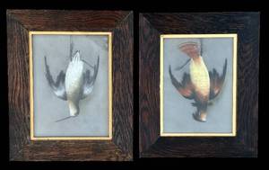 lot 72H image: LR - Pair of Antique Bird Still Life Paintings in Dark Wood Frames - 19th Century Meucci Style