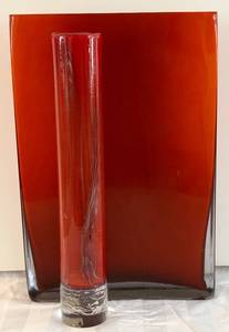 lot 79H image: DR - Red Glass Vases - Tall Rectangular & Slender Cylindrical (2-Piece)