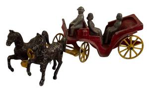 lot 151H image: LR - Vintage cast-iron wagon with three people, 12 inches long