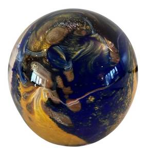 lot 297H image: DR - Verrerie dAllex Blue & Amber Swirl Handblown Glass Paperweight