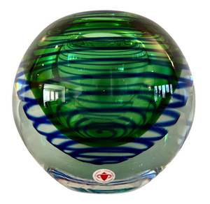 lot 299H image: BR1 - Beranek Glass Sphere - Stanislav Libensk Design, Green & Blue Spiral
