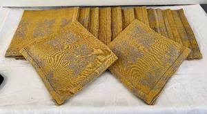 lot 369H image: LR - Linen Napkins - Gold with Silver-Gray FloralLeaf Pattern, 12-Pack, 17 x 17 in