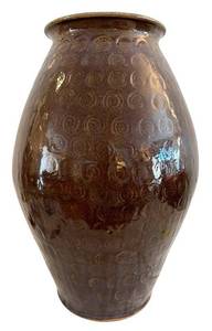lot 378H image: O - Brown Glazed Ceramic Vase with Raised Circular Pattern - Studio Pottery