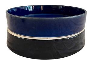 lot 436H image: LR - Sensu Trading Made in Japan Pair 12-Inch Ceramic Bowls, Blue Interior  Black Exterior