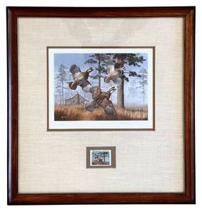lot 439H image: O - David Maas 24143900 Limited Framed Print - Quail Stamp & 1982 Quail Research Stamp