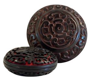 lot 603H image: DR - Two Tixi Lacquer Boxes - Red & Black Carved Round Boxes