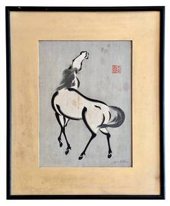 lot 614 image: Urushibara Mokuchu Horse Japanese Woodblock Print - Framed (No Glass) 15 x 9 in
