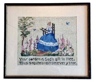 lot 615H image: DR - Needlepoint Wall Hanging - Your garden is Gods gift to thee Thus Sing the Birds from Every Tree