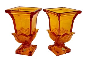 lot 158H image: DR - Pair of Josephinenhutte Amber Lead Germany Crystal Moser Style Vases Square Footed