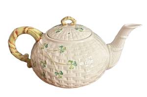 lot 92R image: BR1 - Belleek Ireland Shamrock Teapot - Basketweave Pattern