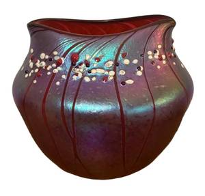 lot 222R image: BR1 - Vase - Handblown Art Glass, Iridescent Purple with Red Accents