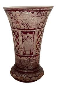 lot 231R image: BR1 - Vintage Bohemian Crystal Vase - Ruby Red Overlay with Floral Motifs