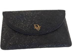 lot 21J image: Vintage Christian Dior Black Beaded Flap Clutch Evening Bag
