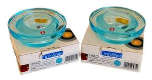 lot 51D image: Pair of Iittala Halo Candle Holders - Light Blue Glass