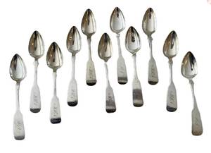 lot 61K image: W.J. Wheeler Spoons - Coin Silver, Fiddleback, Monogrammed, 11-Piece Set