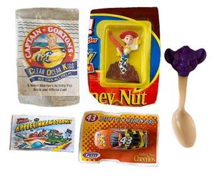 lot 62D image: LR - Vintage Cereal Box Prizes - Lot of 5 (Captain Gortons Water Watchers Book & Official Card Small Figure Eeyore Spoon Apple Cinnamon Motorway Honey Nut Cheerios NASCAR Car)