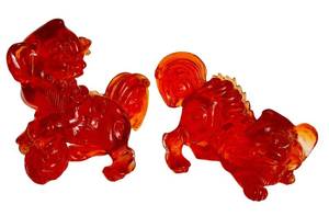 lot 62K image: DR - Pair of Resin Orange Foo Dog Figurines