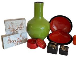 lot 66D image: DR - Assorted Vintage Asian Lacquerware with RedBlack Boxes, Silver Textured Boxes & More