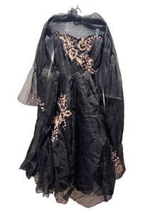 lot 88D image: DR - Vintage Strapless Dress with Matching Scarf - Black Floral Embroidery